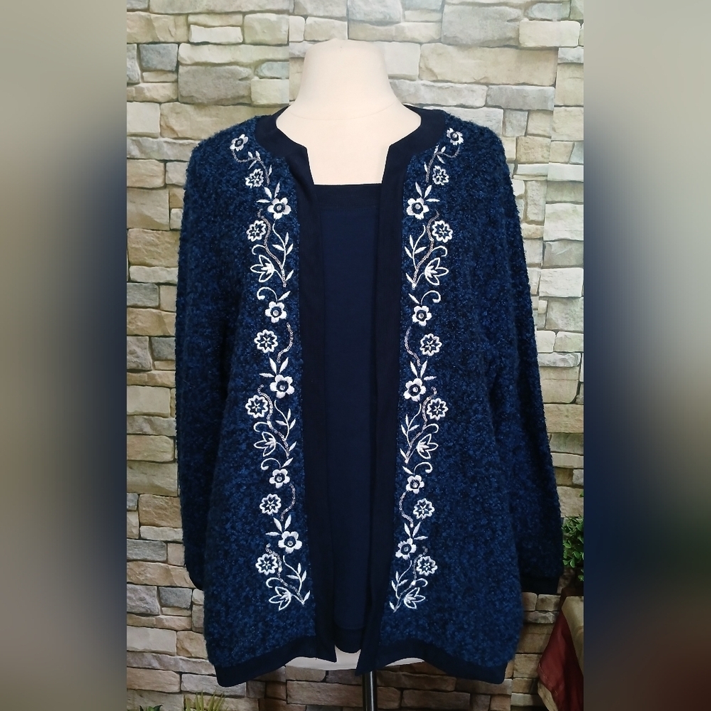 Cathy Daniels 1X Vintage Blue Floral Embroidered Boucle Mock Layer Sweater